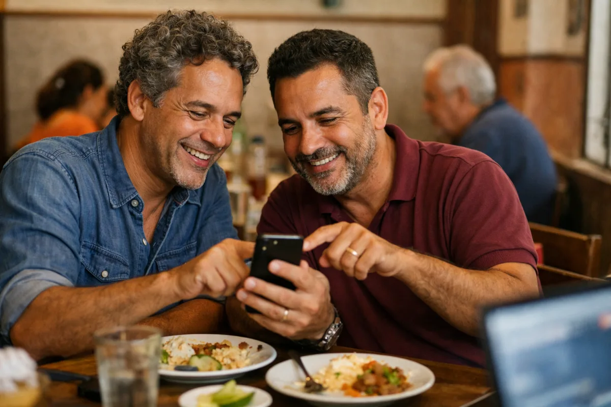 Foto em restaurante pequeno na hora do almoço: dois socios conversando enquanto um deles mostra o celular ao outro.