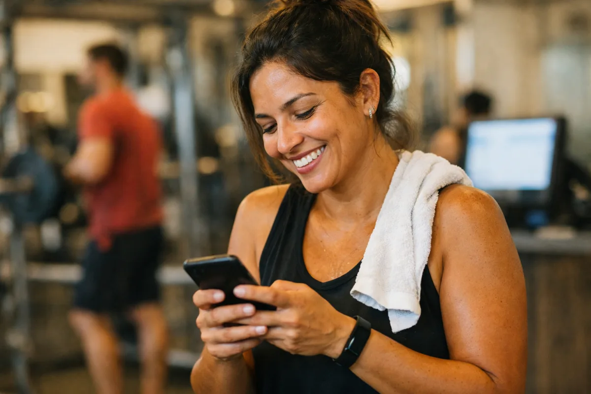Foto em academia de bairro: uma mulher de cerca de 35 anos digitando no celular e sorrindo.