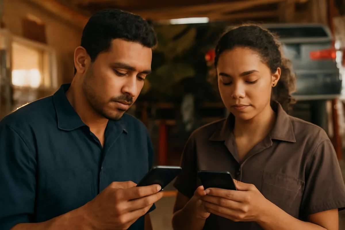 Homem e mulher brasileiros usando o celular para atender clientes e confirmar pedidos de e-commerce.