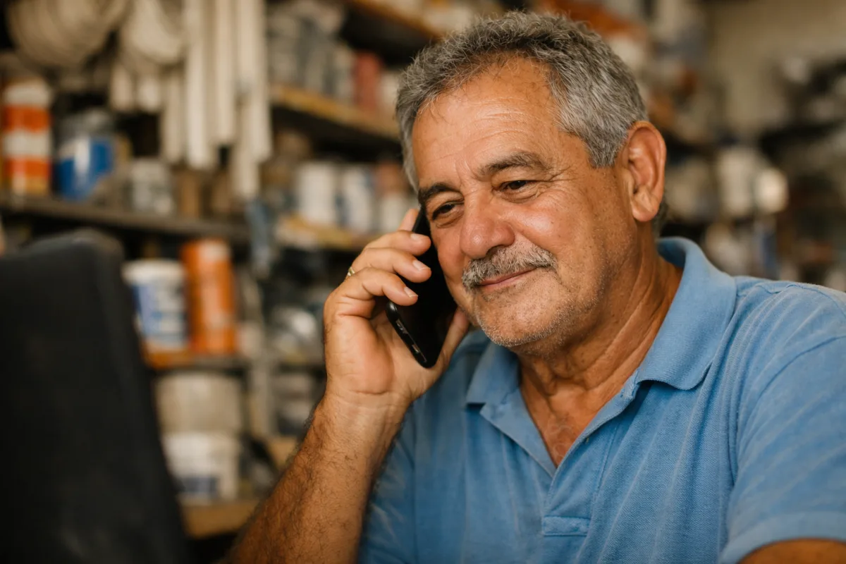Foto em loja de materiais de construção: um senhor de cerca de 60 anos atendendo pelo celular com calma.