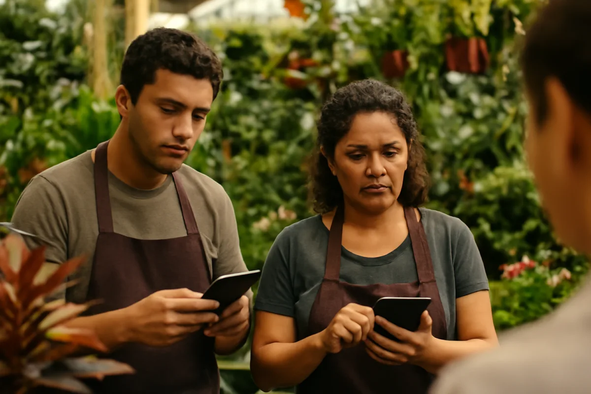 Dois profissionais brasileiros atendem pedidos de clientes pelo celular com atenção e agilidade.
