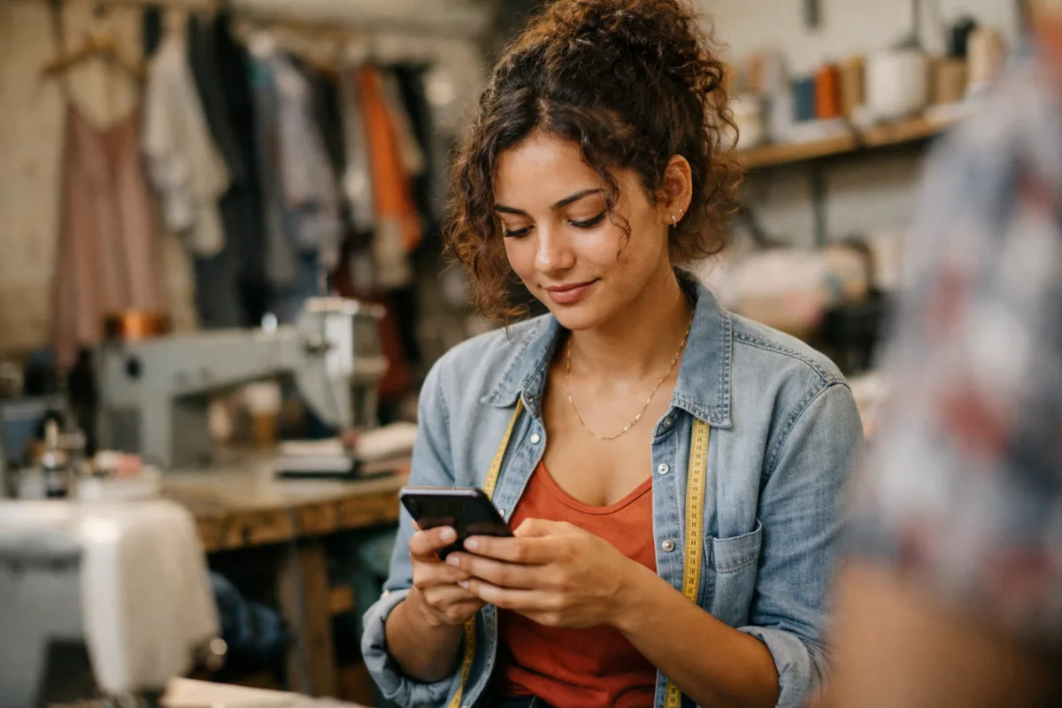 Foto em ateliê de costura: uma atendente jovem conferindo o celular entre um cliente e outro.