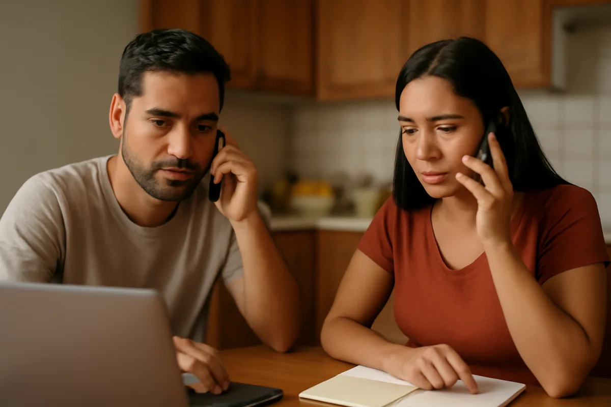 Homem e mulher brasileiros usam o celular para atender clientes com atenção e postura profissional.