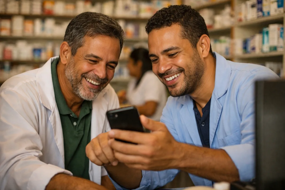 Foto em farmácia de bairro: dois socios conversando enquanto um deles mostra o celular ao outro.