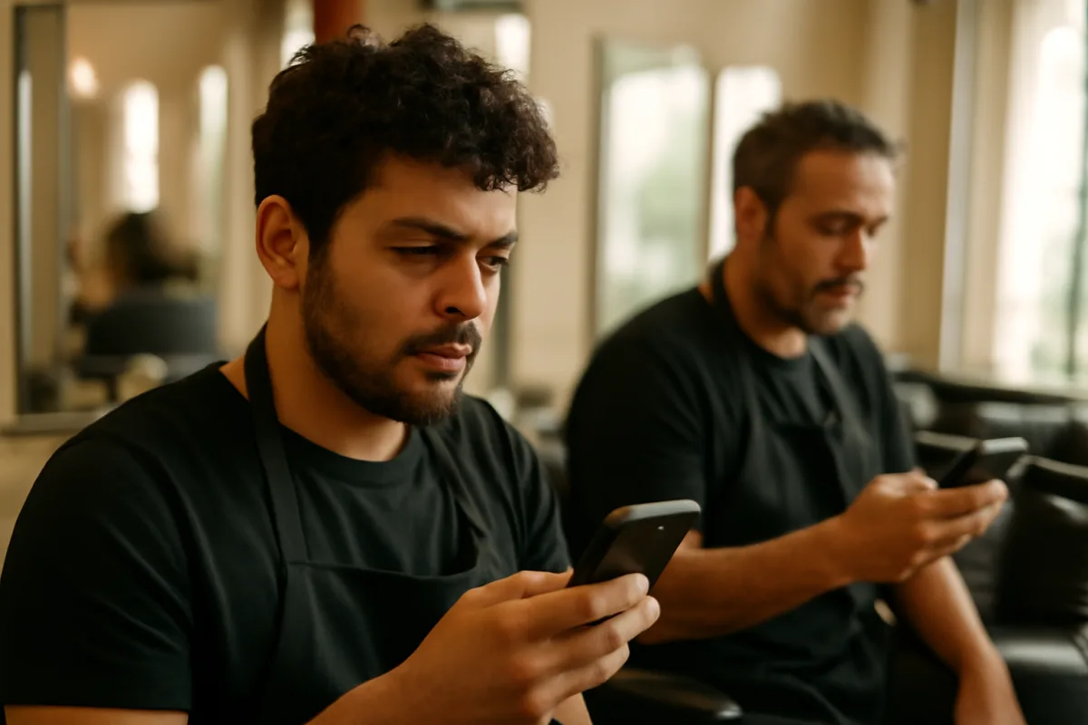 Dois profissionais brasileiros atendem clientes pelo celular, com foco e postura de trabalho, em uma cena realista.
