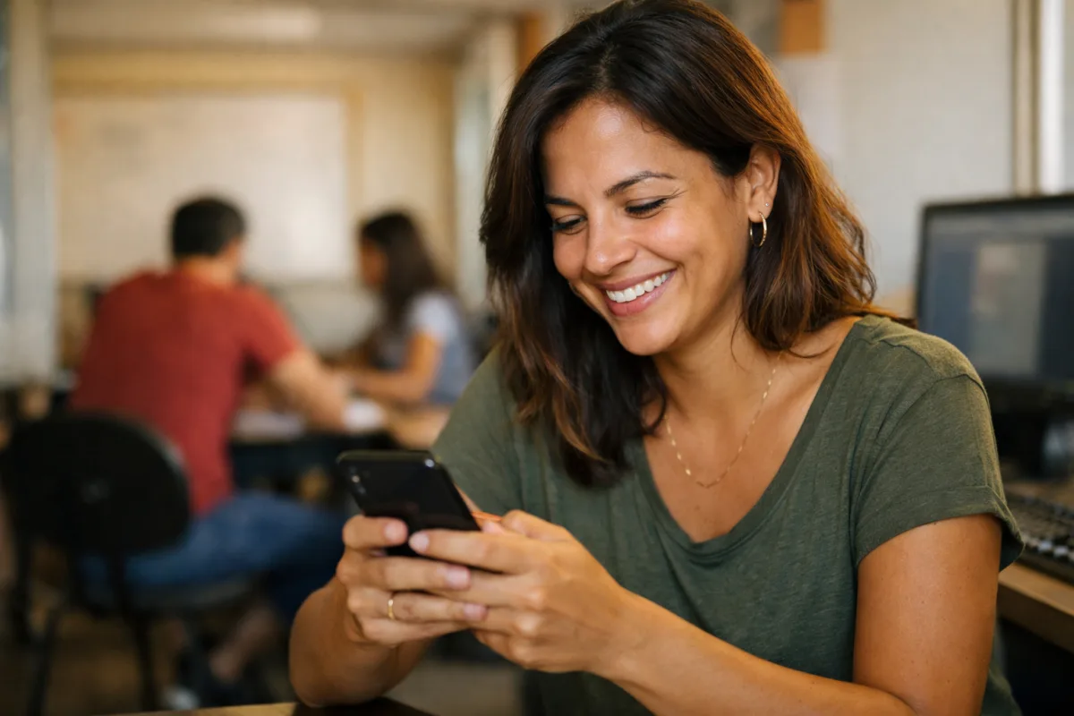 Foto em escola de idiomas com sala de aula ao fundo: uma mulher de cerca de 35 anos digitando no celular e sorrindo.