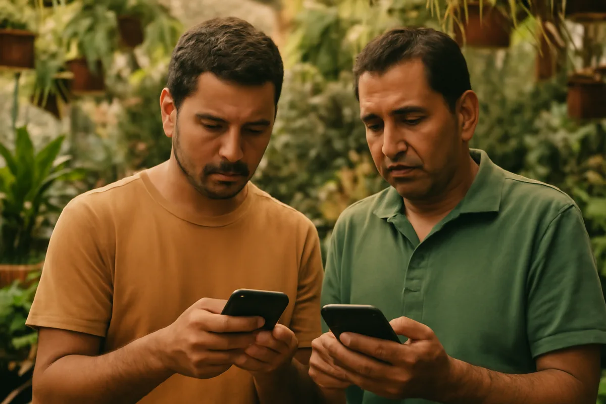 Dois homens brasileiros usam celulares para atender clientes e organizar leads para vendas no WhatsApp.