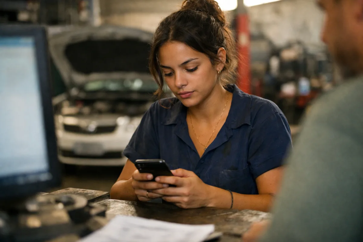 Foto em oficina mecânica com carro ao fundo: uma atendente jovem conferindo o celular entre um cliente e outro.