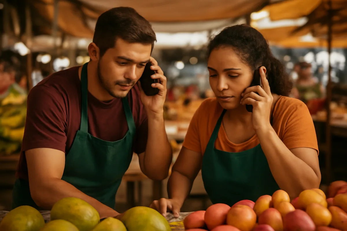 Dois profissionais brasileiros atendem clientes pelo celular em conjunto, com foco e postura colaborativa.