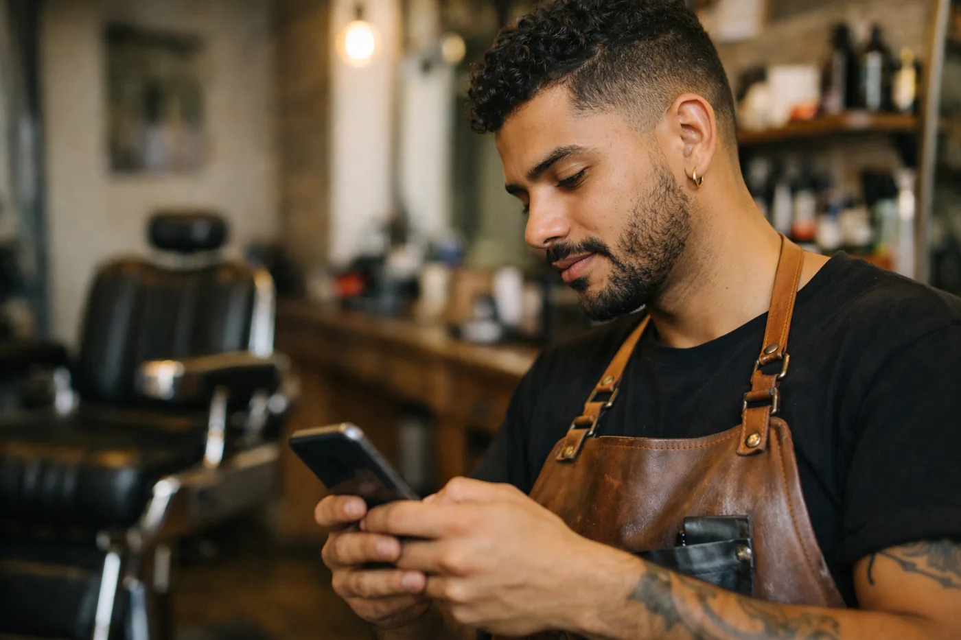 Barbeiro respondendo um cliente pelo celular entre um corte e outro