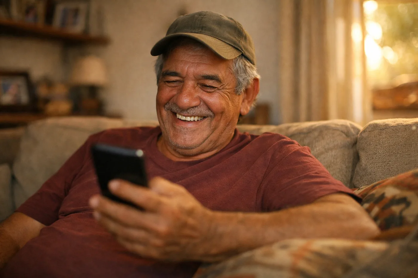 Senhor sentado no sofá de casa sorrindo ao ler uma mensagem no celular