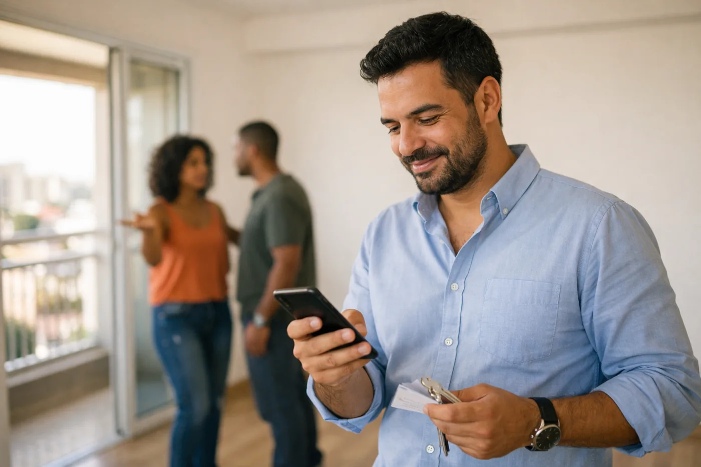 Corretor de imóveis olhando o celular em um apartamento vazio e claro