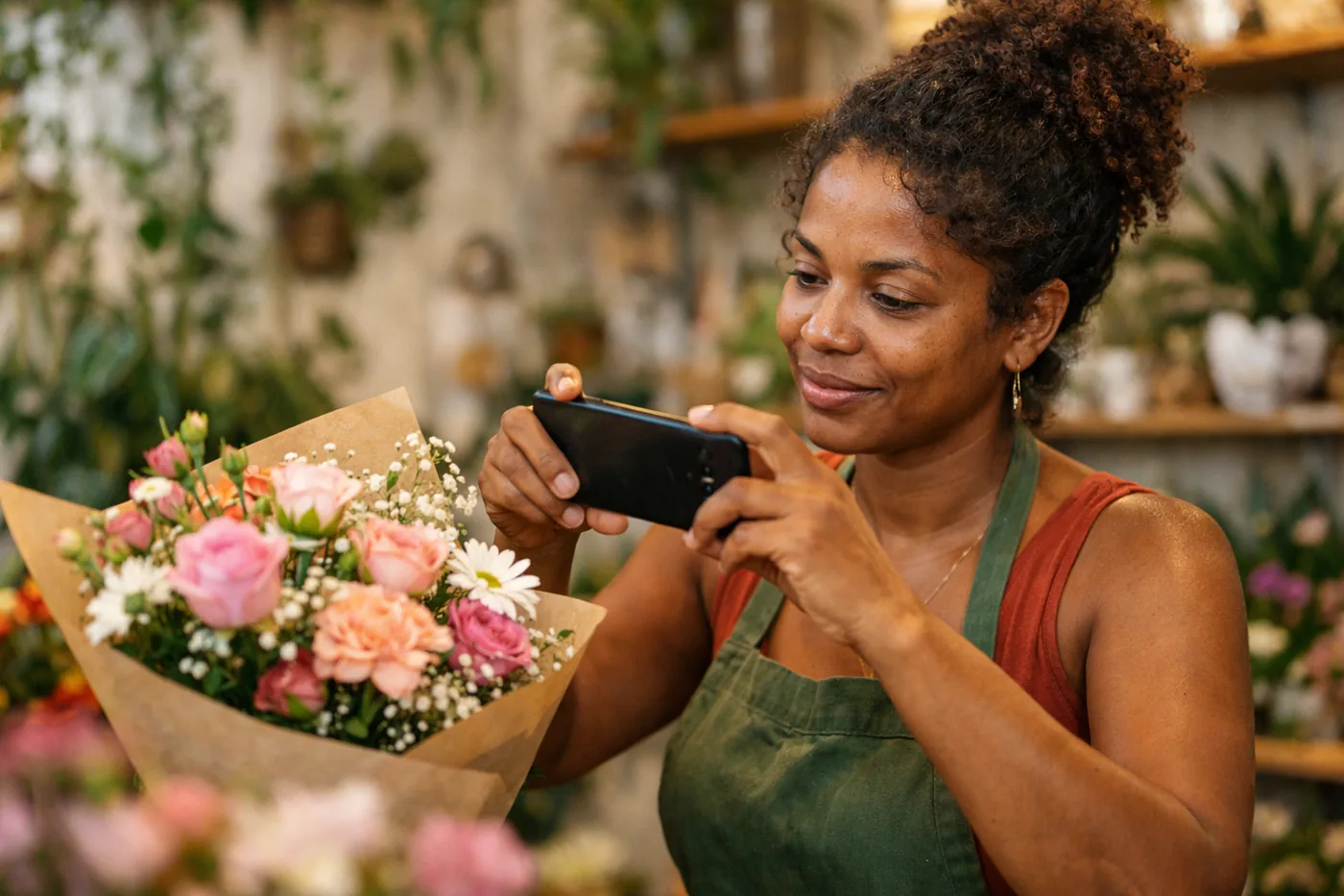 Florista fotografando um buquê com o celular dentro de uma floricultura