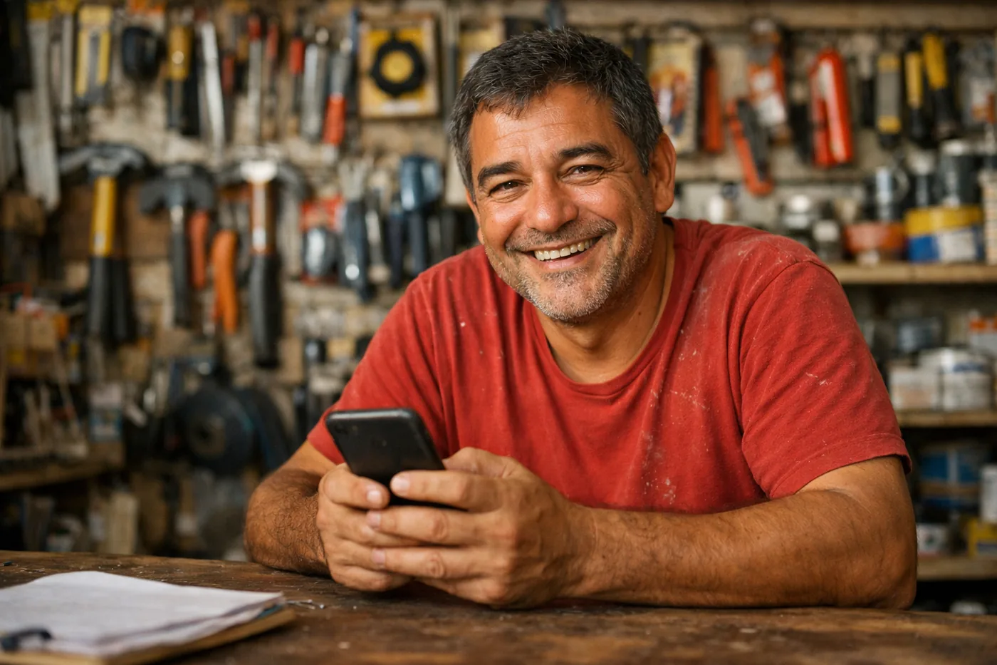 Dono de loja de materiais de construção sorrindo com o celular na mão, no balcão