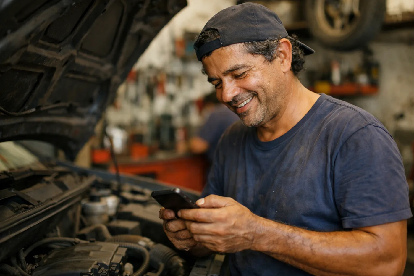 Mecânico respondendo mensagem no celular ao lado de um carro com o capô aberto